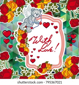 Cute teddy bear on a mosaic background with roses. The layout for greeting cards, Valentine Day cards, labels, tags, banners, flyers, ads.  Vector clip art.