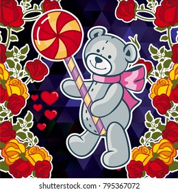 Cute teddy bear on a mosaic background with roses. The layout for greeting cards, Valentine Day cards, labels, tags, banners, flyers, ads.  Vector clip art.