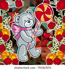 Cute teddy bear on a mosaic background with roses. The layout for greeting cards, Valentine Day cards, labels, tags, banners, flyers, ads.  Vector clip art.