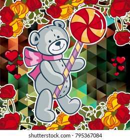 Cute teddy bear on a mosaic background with roses. The layout for greeting cards, Valentine Day cards, labels, tags, banners, flyers, ads.  Vector clip art.