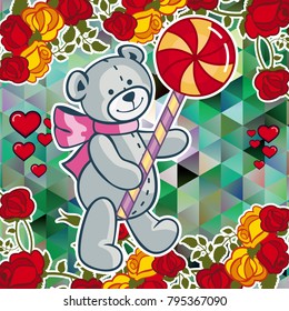 Cute teddy bear on a mosaic background with roses. The layout for greeting cards, Valentine Day cards, labels, tags, banners, flyers, ads.  Vector clip art.