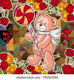 Cute teddy bear on a mosaic background with roses. The layout for greeting cards, Valentine Day cards, labels, tags, banners, flyers, ads.  Vector clip art.