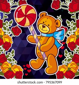 Cute teddy bear on a mosaic background with roses. The layout for greeting cards, Valentine Day cards, labels, tags, banners, flyers, ads.  Vector clip art.