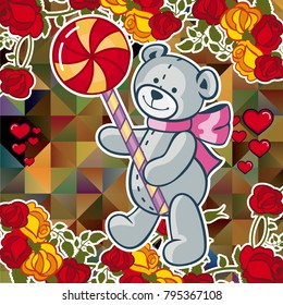 Cute teddy bear on a mosaic background with roses. The layout for greeting cards, Valentine Day cards, labels, tags, banners, flyers, ads.  Vector clip art.