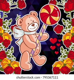 Cute teddy bear on a mosaic background with roses. The layout for greeting cards, Valentine Day cards, labels, tags, banners, flyers, ads.  Vector clip art.