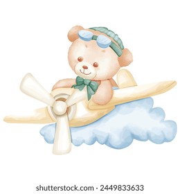 Cute teddy bear on the plane. Watercolor vector illustration.