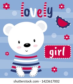 Cute Teddy bear on a postcard with the inscription lovely girl. Vector illustration. Cartoon drawing. Can be used for t-shirt print, baby shower invitation card, kids wear fashion design.