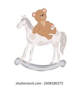 Cute teddy bear on a rocking horse. Children's vector illustration.