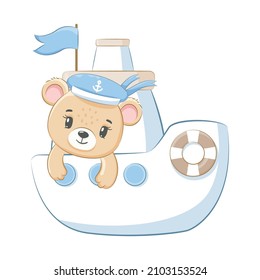 Cute Teddybär auf dem Schiff. Vektorgrafik eines Cartoons.