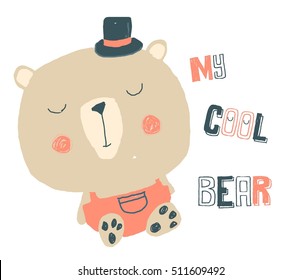 cute teddy bear on striped background, T-shirt design vector illustration