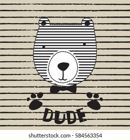 cute teddy bear on striped background, T-shirt design for kids vector illustration