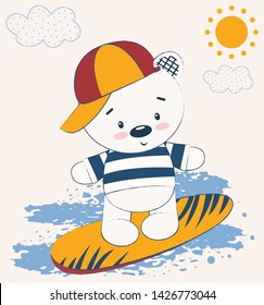 Cute Teddy bear on the surfboard. Vector illustration, children card printing, can be used to print t-shirts, children wear clothing design