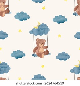 Cute teddy bear on swing seamless pattern. Vector watercolor illustration with cartoon bears, moon and stars. Baby shower design