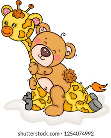 Cute teddy bear on the top of a friendly giraffe girl
