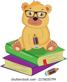 Cute teddy bear on two books.Cartoon style hand drawn vector illustration.