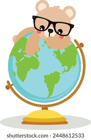 Cute teddy bear on the world globe