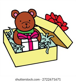 Oso de peluche lindo en la ilustración abierta de la caja de regalo