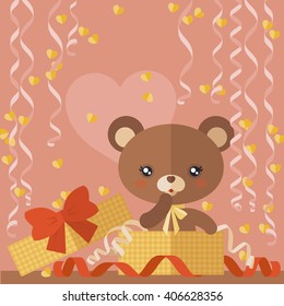 Cute Teddy Bear in open gift box. Children toy. Greeting card, poster, template. Vector illustration. Cute happy teddy bear toy.