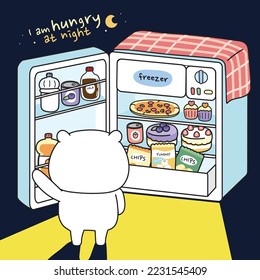 Cute teddy bear open refrigerator because hungry at night.Animal funny character cartoon design.Food,cake,sweet,dessert,can,water hand drawn.Kawaii.Vector.Illustration.