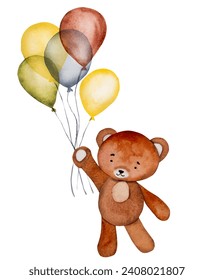 Cute teddy bear with orange air balloon watercolor painting for baby child postcard. Cartoon animal aquarelle drawing for children decoration