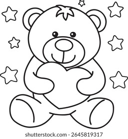 A cute teddy bear outline holding a heart, surrounded by stars. This charming illustration is perfect for coloring pages, children's books, and Valentine's Day themes, isolated on white background.