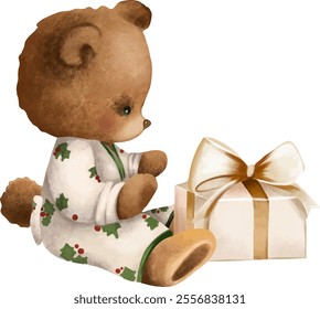 Cute Teddy Bear in pajama with gift box. Gender neutral kids watercolor vector illustration for baby shower, birthday, nursery posters, cards