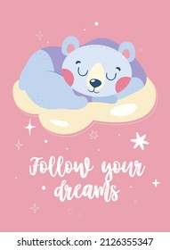 Cute teddy bear in pajamas sleeps on a cloud. Beautiful postcard with an inscription. Vector cartoon postcard on isolated white background.