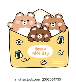 Oso de peluche lindo en el correo de papel tiene diseño de dibujos animados de abejas y flores. Mensaje. Tarjeta. Carácter animal salvaje. Kawaii. Vector. Ilustración.