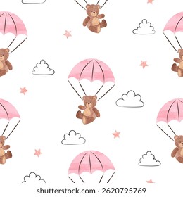 Cute teddy bear with parachute seamless pattern. Vector baby shower girl illustration