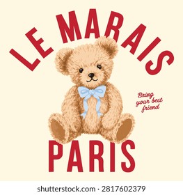 Cute teddy bear in Paris varsity print for T-shirt 