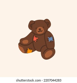 Cute Teddy Bear with patches. Funny character. Valentines day, love, romance, toy, gift concept. Cartoon style. Hand drawn colorful Vector illustration. Greeting card, print, design template