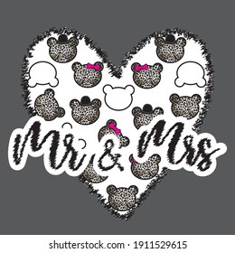 Cute teddy bear pattern in heart and Mr and Mrs text vector illustration. Love card. Valentines day. Vector illustration t-shirt graphics design.