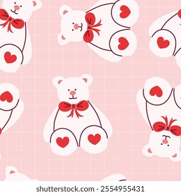 Cute Teddy Bear Pattern With Hearts on Pink Background