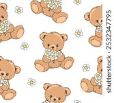 Cute Teddy Bear pattern seamless, vector illustration Hand Drawn Cute print design