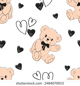 Cute Teddy Bear pattern seamless, vector illustration Hand Drawn Cute print design