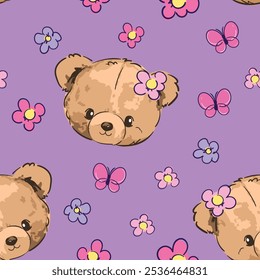 Lindo patrón de oso de peluche sin costuras, Ilustración vectorial dibujado a mano Lindo diseño de impresión