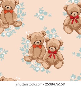 Cute Teddy Bear pattern seamless, vector illustration Hand Drawn Cute print design