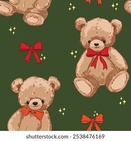 Lindo patrón de oso de peluche sin costuras, Ilustración vectorial dibujado a mano Lindo diseño de impresión