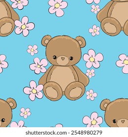 Lindo patrón de oso de peluche sin costuras, Ilustración vectorial dibujado a mano Lindo diseño de impresión