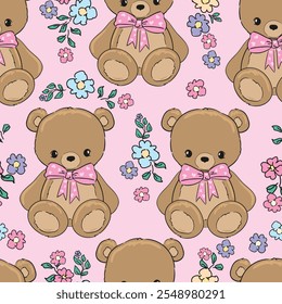 Padrão de urso de pelúcia bonito sem emenda, ilustração vetorial Desenhado à mão Design de impressão bonito