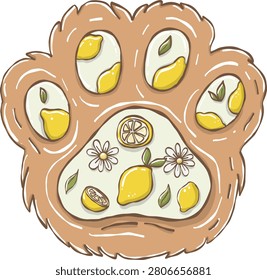 Cute teddy bear paw print filled with lemon slices and daisy flowers pattern, vector illustration.