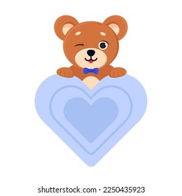 Cute teddy bear peeking out from behind heart, cartoon character vector illustration. Comic bear with blue elements for scrapbook or decoration, baby gender reveal