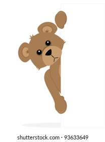 Cute Teddy Bear peeping around the side of a blank sign.