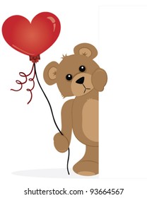 Cute Teddy Bear peeping around the side of a blank sign holding a heart shaped balloon.