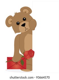 Cute Teddy Bear peeping around the side of a blank sign holding a Valentine card & a red rose.