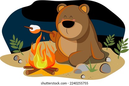 A cute teddy bear at a picnic at night by the fire decided to make himself a marshmallow