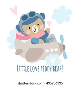 Cute teddy bear pilot on a plane in the sky. Children's illustration with a bear.