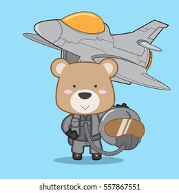 Cute teddy bear in pilot uniform with jet plane behind the background vector illustration