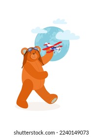 Cute teddy bear in pilot's hat and flight goggles holds wooden toy airplane against backdrop of  earth globe and clouds. Travel agency concept. Vector illustration in cartoon style.