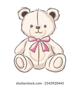 A cute teddy bear with a pink bow sitting against a white background for kids design 